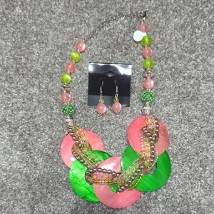 Vibrant Pink and Green Necklace and Earring Set